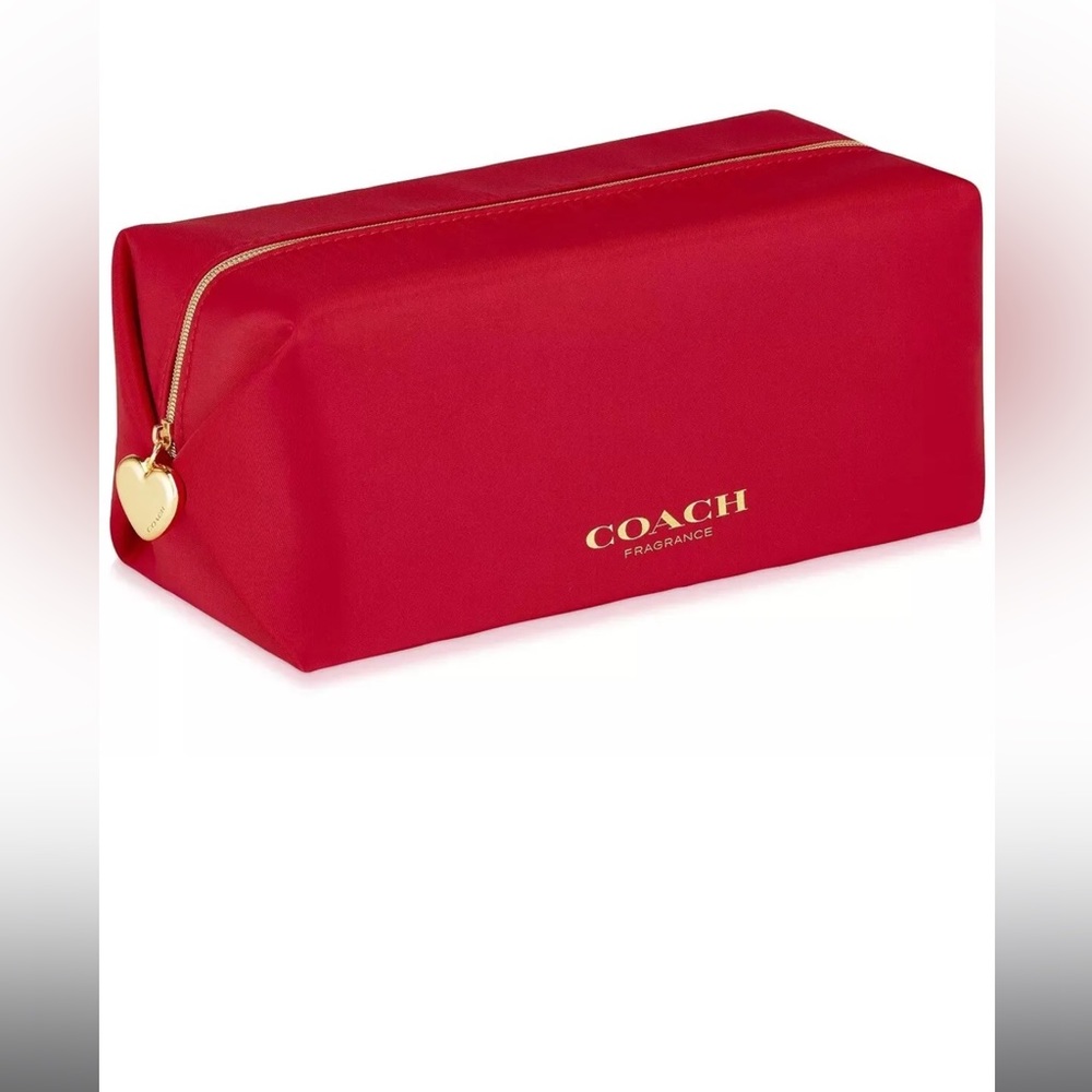 Red Coach Love Cosmetics Pouch Travel Case Makeup Bag Gold Heart Charm